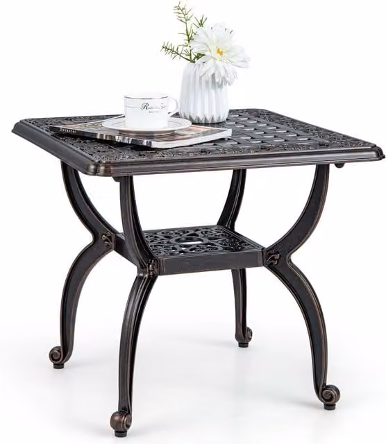 COSTWAY Vintage Floral Metal Patio Coffee Table in Matt Black