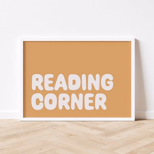 Autumns Corner Reading Corner Typography Illustration Paper Poster in Mustard Yellow and Orange, A3
