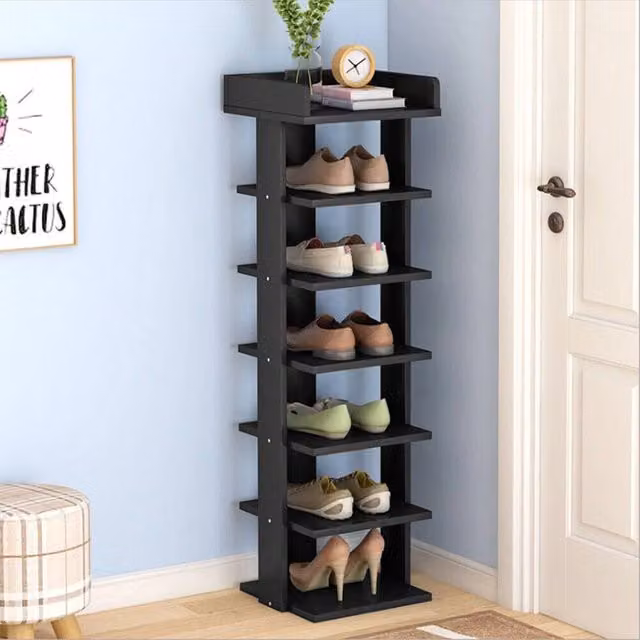EONLION 7-Tier Black Narrow Wooden Shoe Rack