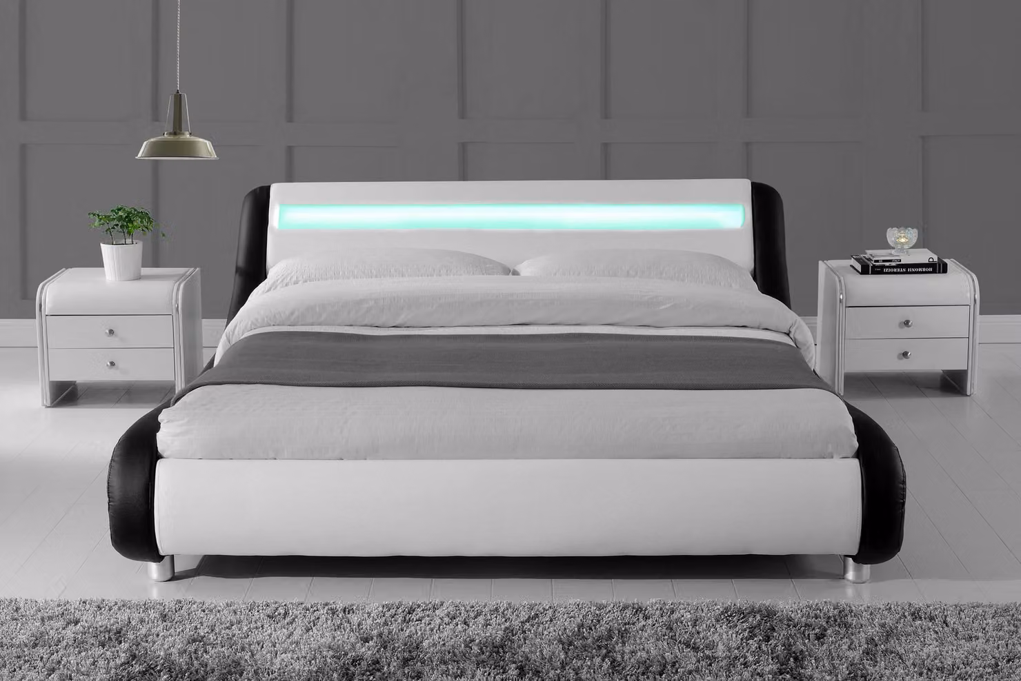 Home Detail Galaxy LED Upholstered Faux Leather Bed in Black and White, King Size – 3