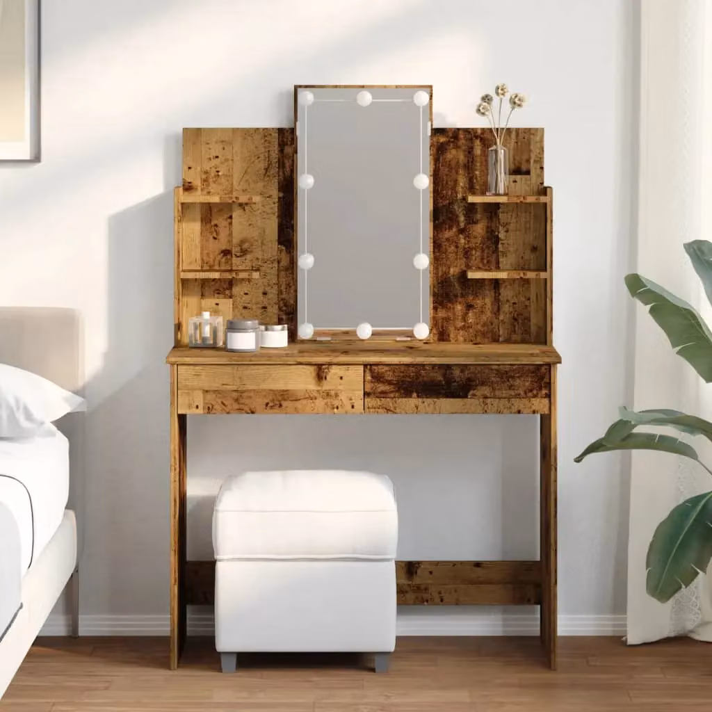 Berkfield Home Dressing Table with LED Lights in Old Wood Brown, W/D/H: 96 x 40 x 142 cm – 3
