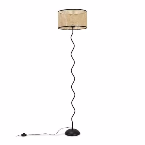 ValueLights Black Metal Wavy Single Stem Floor Lamp with Natural Wicker Shade and LED Bulb, H 155 cm x W 35 cm x D 35 cm
