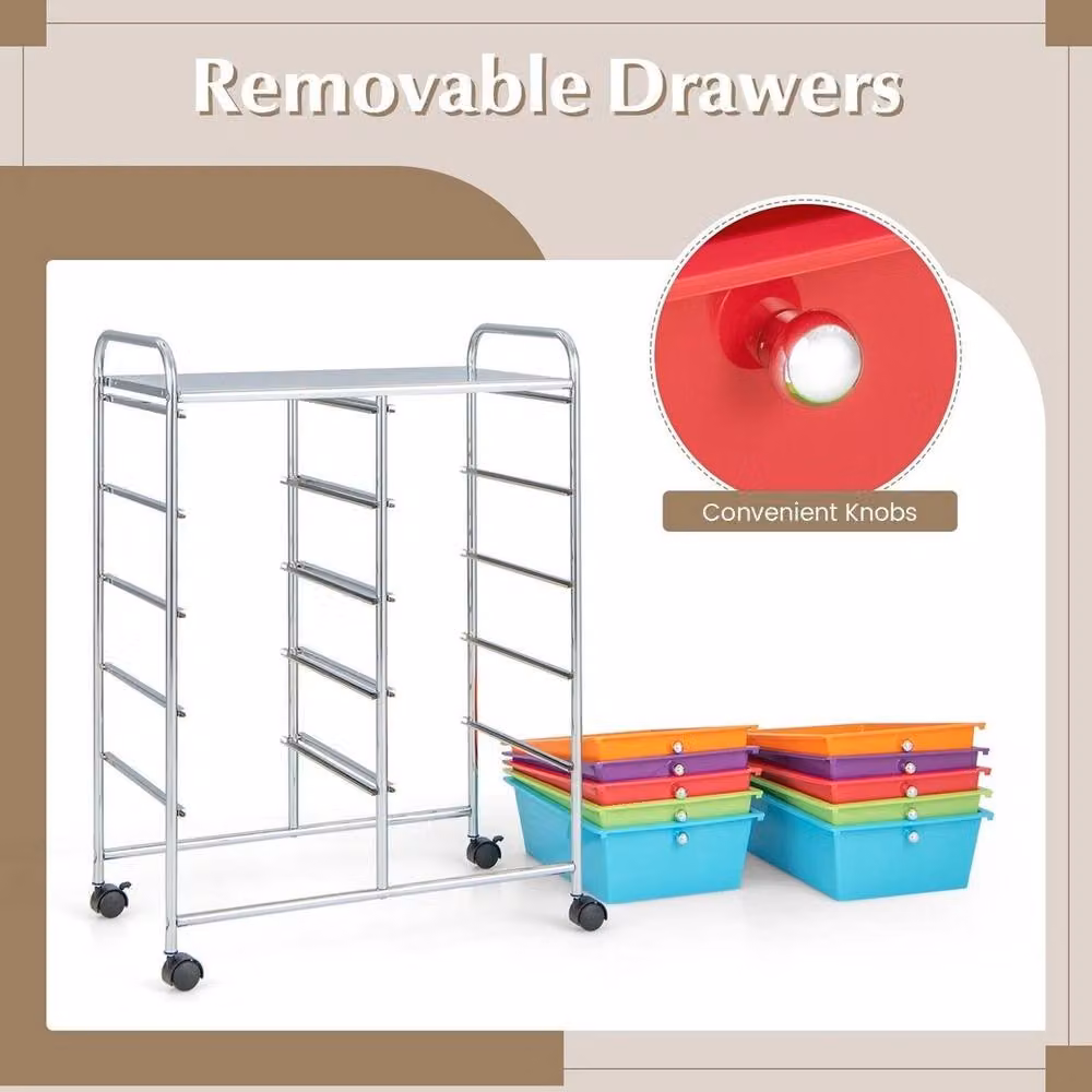 VOGREX 10-Drawer Multicolour Metal Rolling Storage Cart with Castors – 5