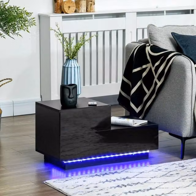 EONLION Modern Black Glossy Bedside Table with Integrated Lighting, Width: 100 cm – 1