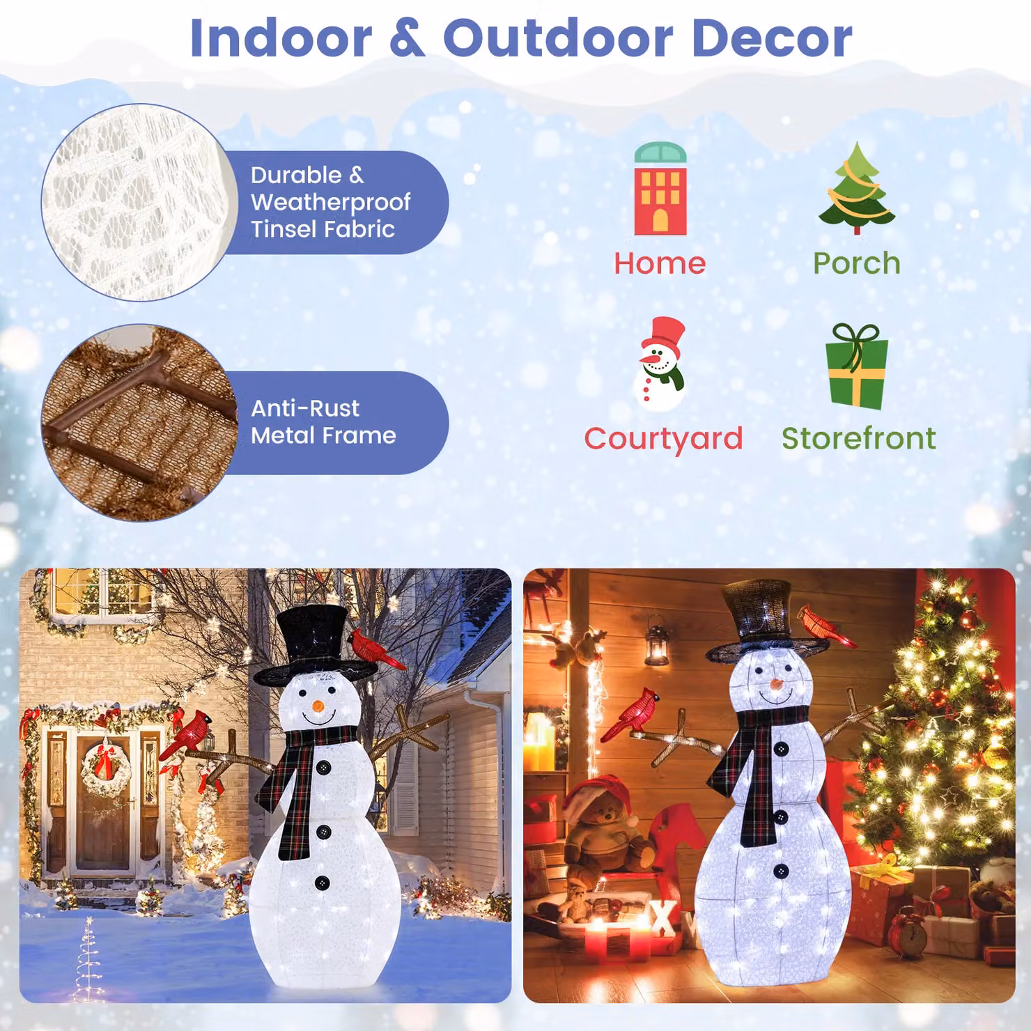 Gymax Pre-Lit Snowman and Redbirds Christmas Decor with 70 LED Lights, White and Multicolour, Height: 127 cm – 5