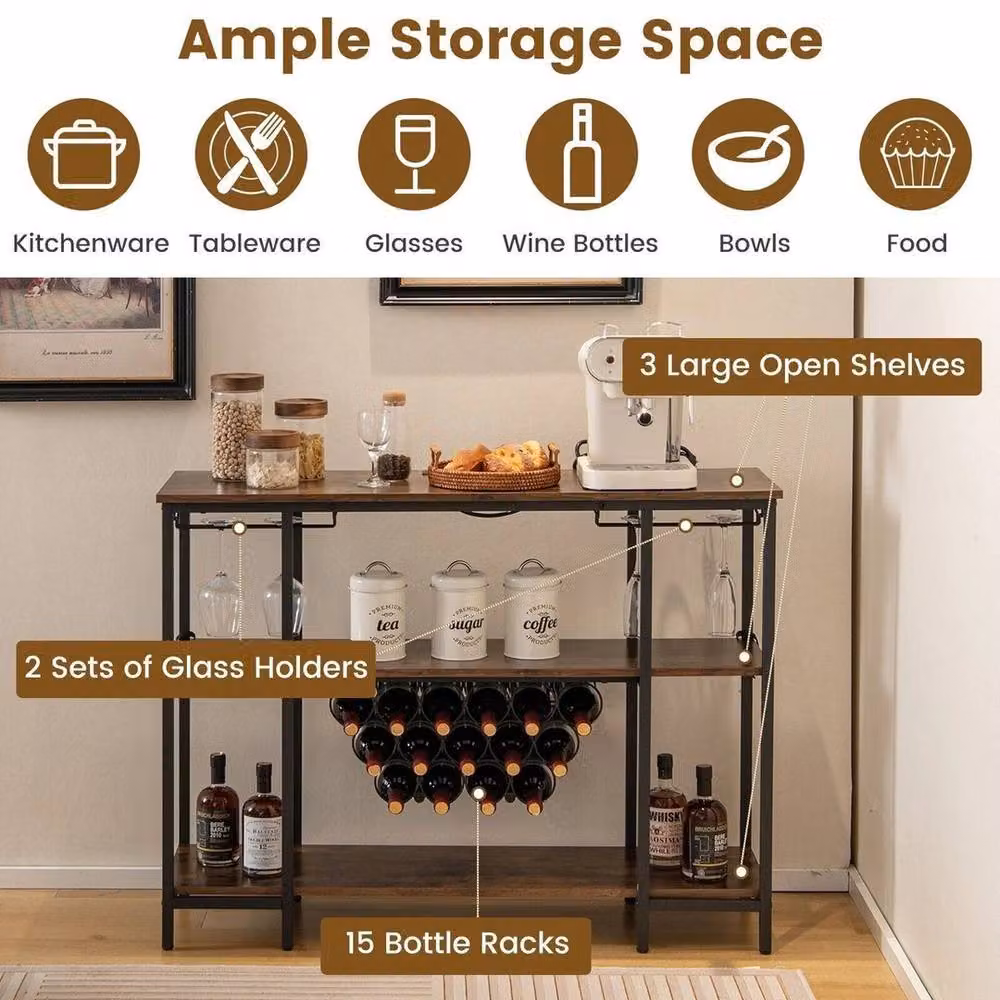 EONLION 3-tier Brown Industrial Wine Bar Cabinet with Glass Storage, Width: 100 cm – 5