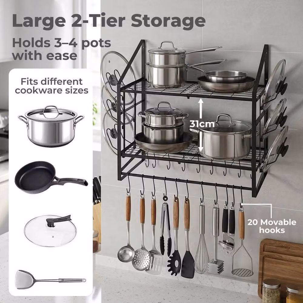 KORVIXA Black Matt Metal Wall Mounted Pot Rack and Kitchen Storage Organiser Shelf – 3