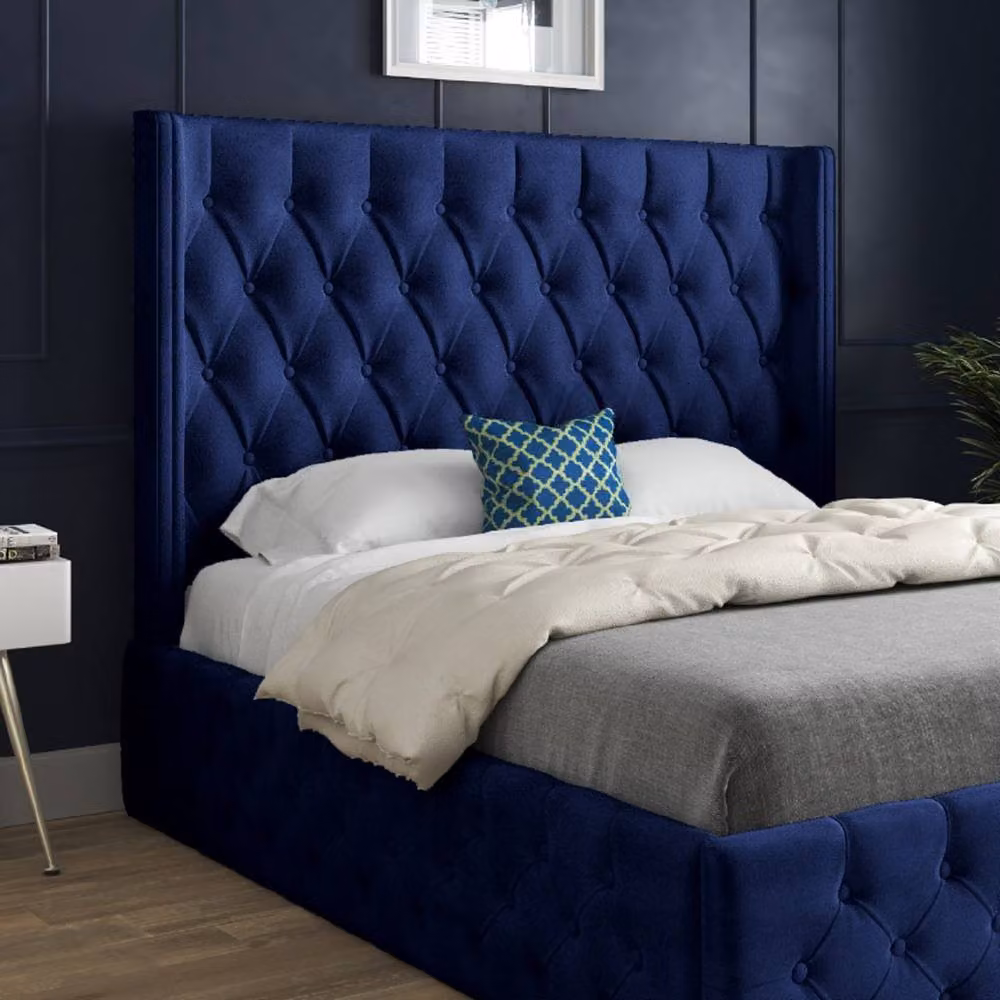 KDMD Winchcombe Winged Upholstered Designer Bed Frame in Blue Soft Velvet, Size: Small Double (W/D/H: 120 x 200 cm) – 4