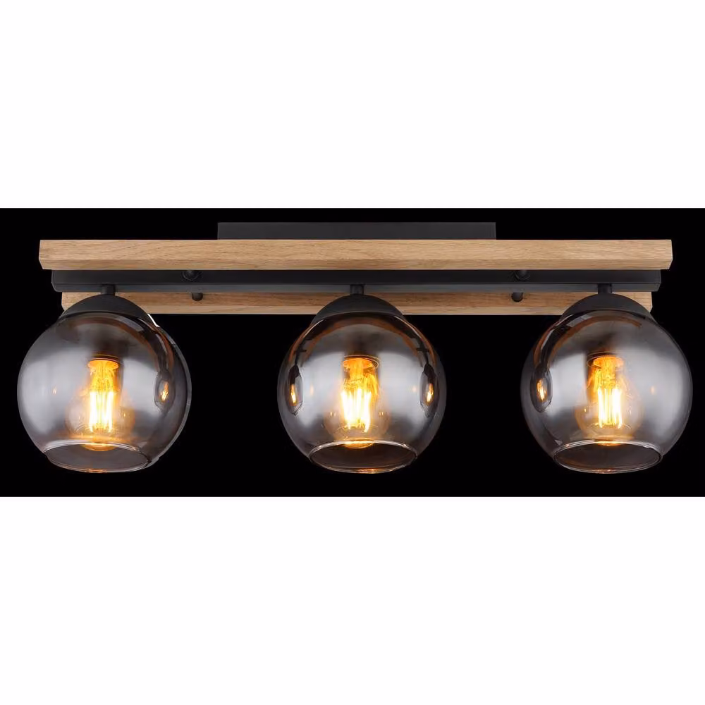 Netlighting Conni Globe Ceiling Light in Black and Brown Wood with Smoke Glass Shade, 3x E27 – 3