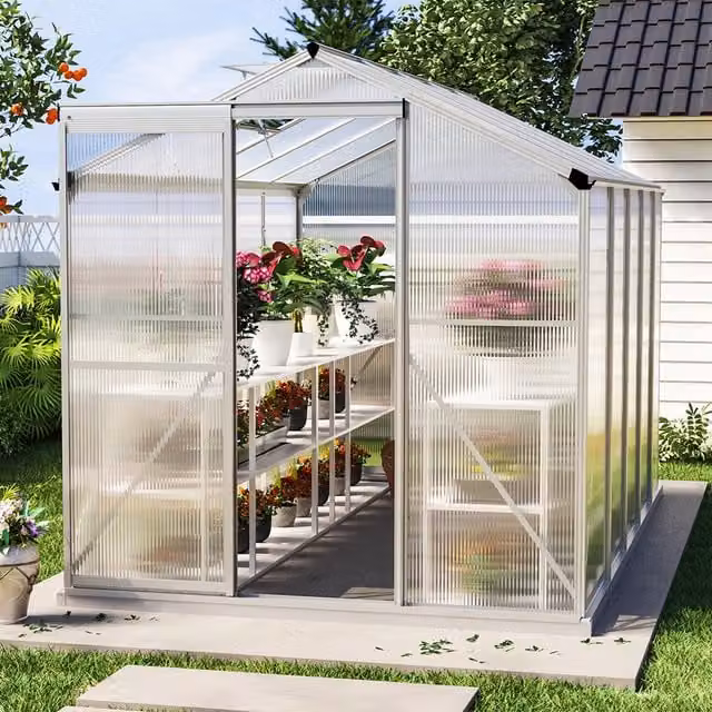 Livingandhome White Aluminium and Polycarbonate Freestanding Garden Greenhouse, W: 313 cm, H: 190 cm