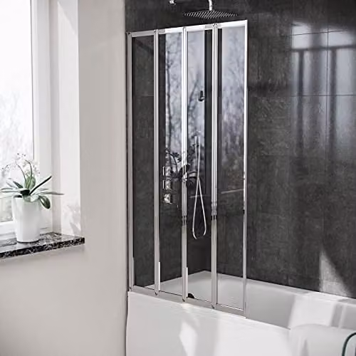 Nes Home 4 Fold Clear Glass Bath Shower Screen with Chrome Frame, W: 80 cm, H: 140 cm