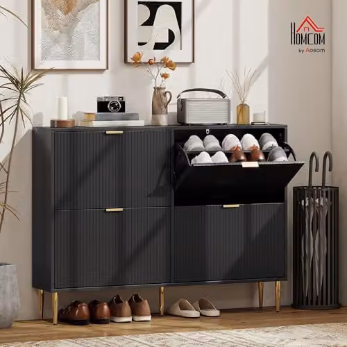 HOMCOM Narrow Black and Gold Shoe Cabinet with 4 Tilting Compartments and Internal Shelves, H 91.5 x W 105.0 x D 24.0 cm – 2