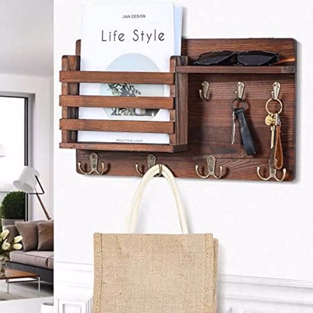Nekon Rustic Wood Wall Mounted Key Holder and Mail Rack with Shelf in Brown and White – 3