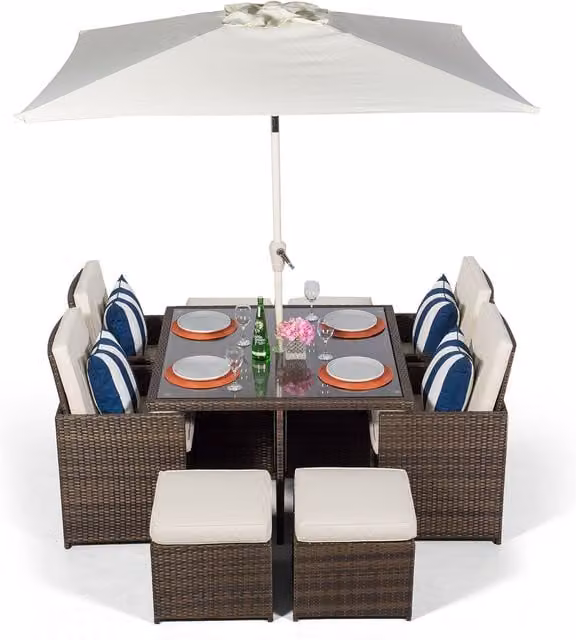 Giardino Modern Rattan Cube Dining Set in Brown with Grey Striped Cushions