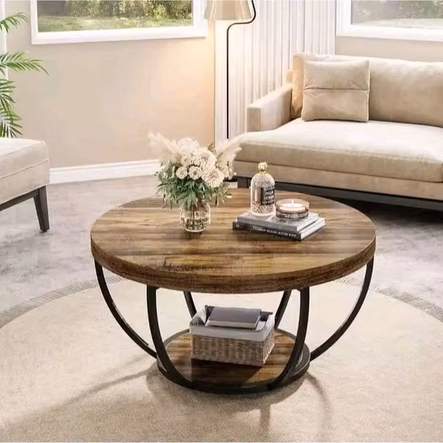 KORVIXA Round 2-Tier Wooden Coffee Table in Brown, Diameter: 100 cm
