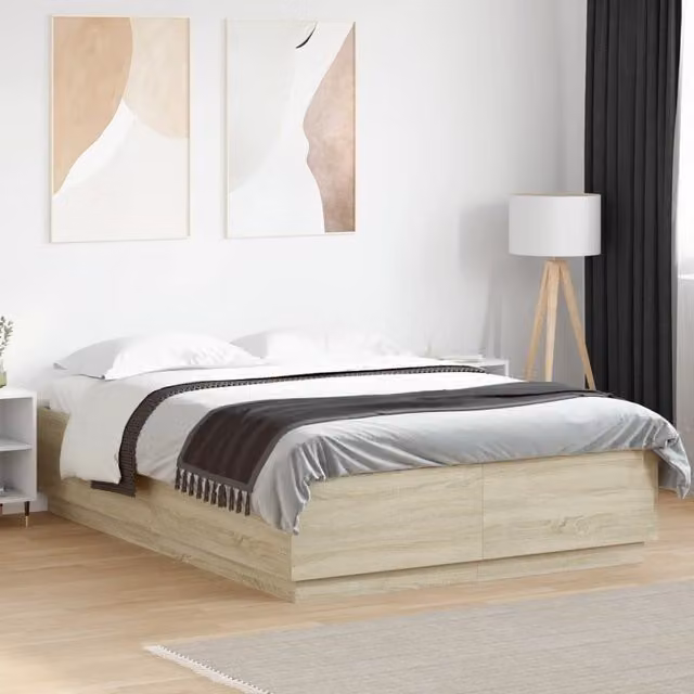 Berkfield Home Modern Bed Frame with LED Under-Bed Lighting and USB Charging Port in Sonoma Oak Brown, W: 160 cm, L: 200 cm – 1