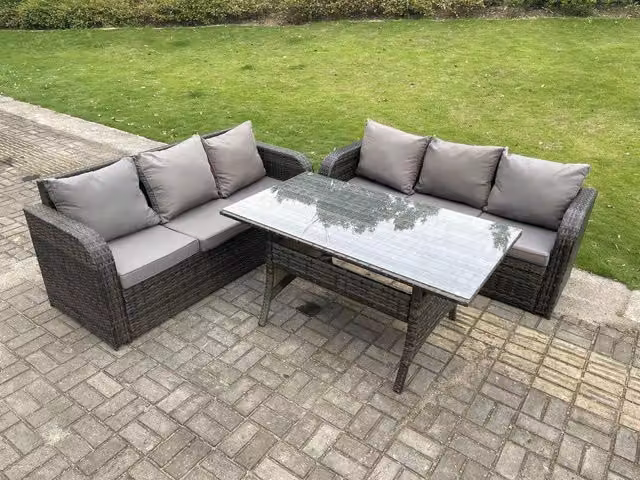 Fimous Dark Grey PE Rattan Garden Furniture Set with 3 Seater Sofa and 6 Seater Rectangular Dining Table