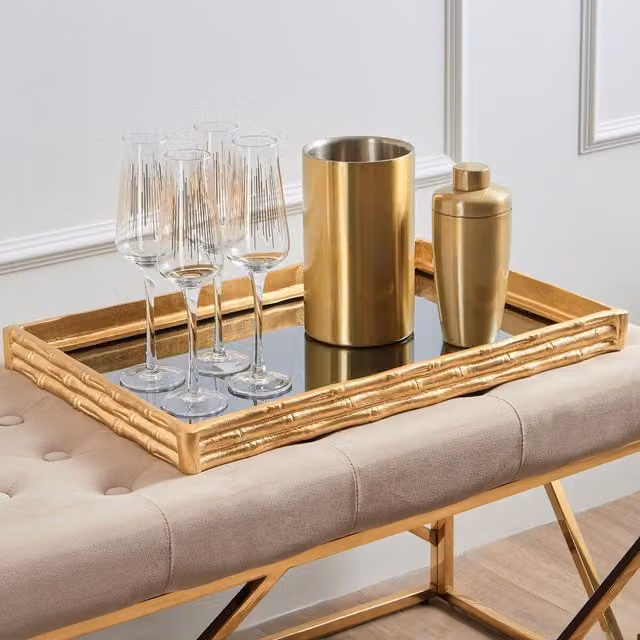 Orsina Hiba Gold Finish Bamboo Effect Mirrored Tray – 1