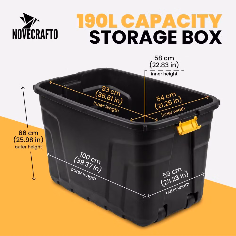 Novecrafto Extra Large 190L Heavy-Duty Storage Box with Lid and Wheels, Black, W/D/H: 120 x 59 x 66 cm – 2