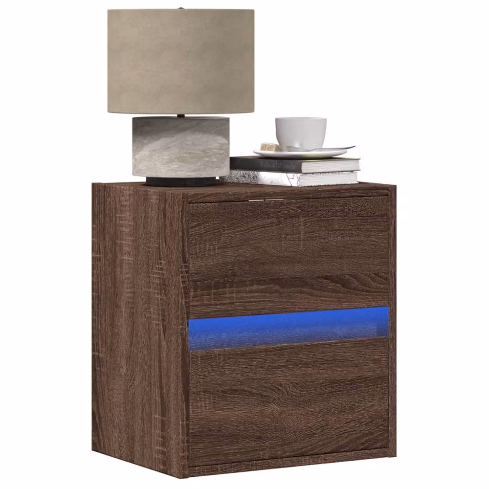 Berkfield Home Wall-mounted Bedside Cabinet with Integrated LED Lights in Brown Oak – 2
