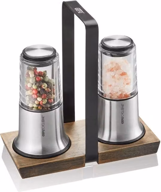 Gefu X-Plosion Premium Salt and Pepper Set with Stainless Steel and Wood Stand in Silver and Transparent