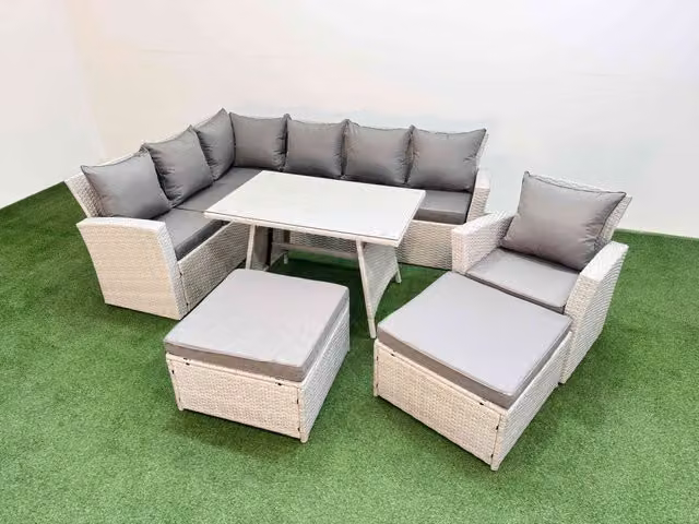 Fimous Garden 9 Seater Outdoor Rattan Furniture Set with 2 Large Footstools in Light Grey