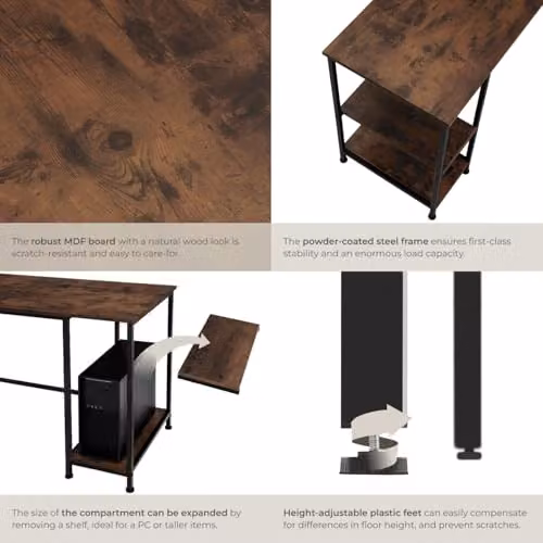 tectake Industrial Computer Desk with Storage Shelves in Brown, W: 137 cm, D: 55 cm, H: 75 cm – 5