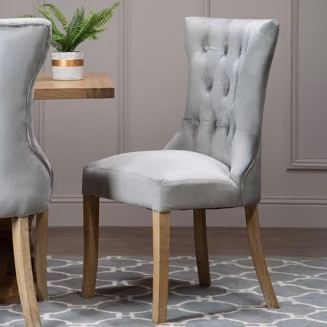 Interiors by Premier Modern Velvet Buttoned Dining Chair in Grey and Black with Wooden Legs – 2