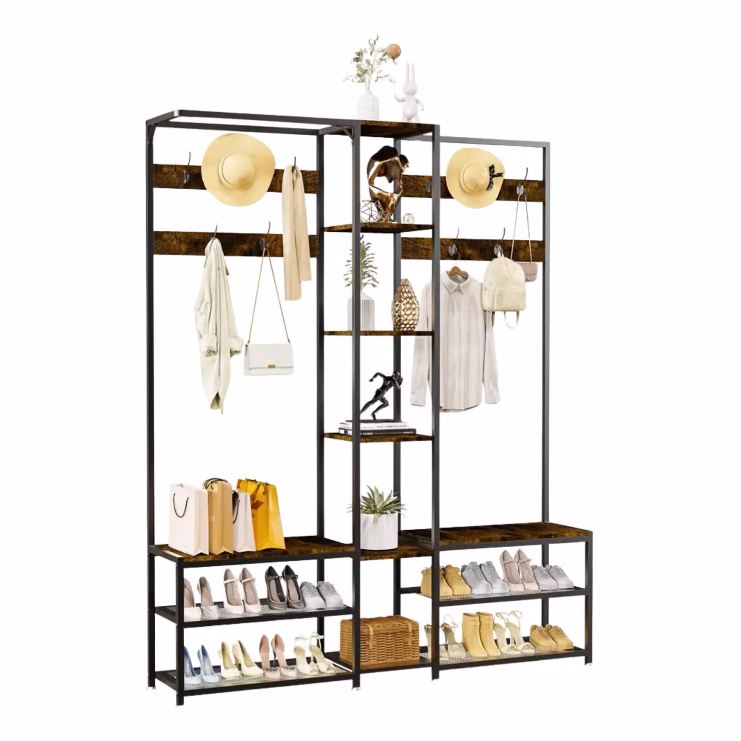 Pirlo Plush Industrial Hall Tree Coat Rack with Shoe Storage Bench in Brown and Black, H 178.5 x W 120 x D 46 cm – 3