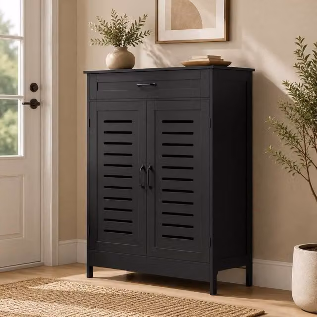 STILVORA Modern Black Matt Shoe Cabinet with Drawer and Hinged Doors