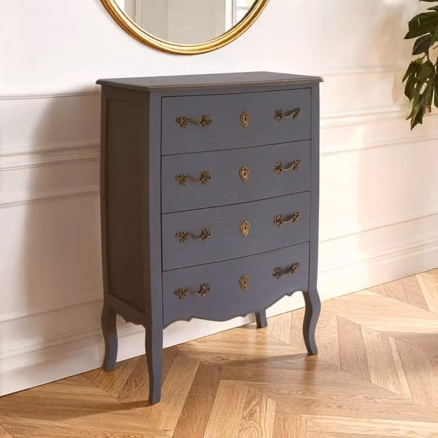 Orsina Classical 4 Drawer Dark Grey Chest of Drawers with Bayur Wood Accents and Gold Baroque Handles – 1