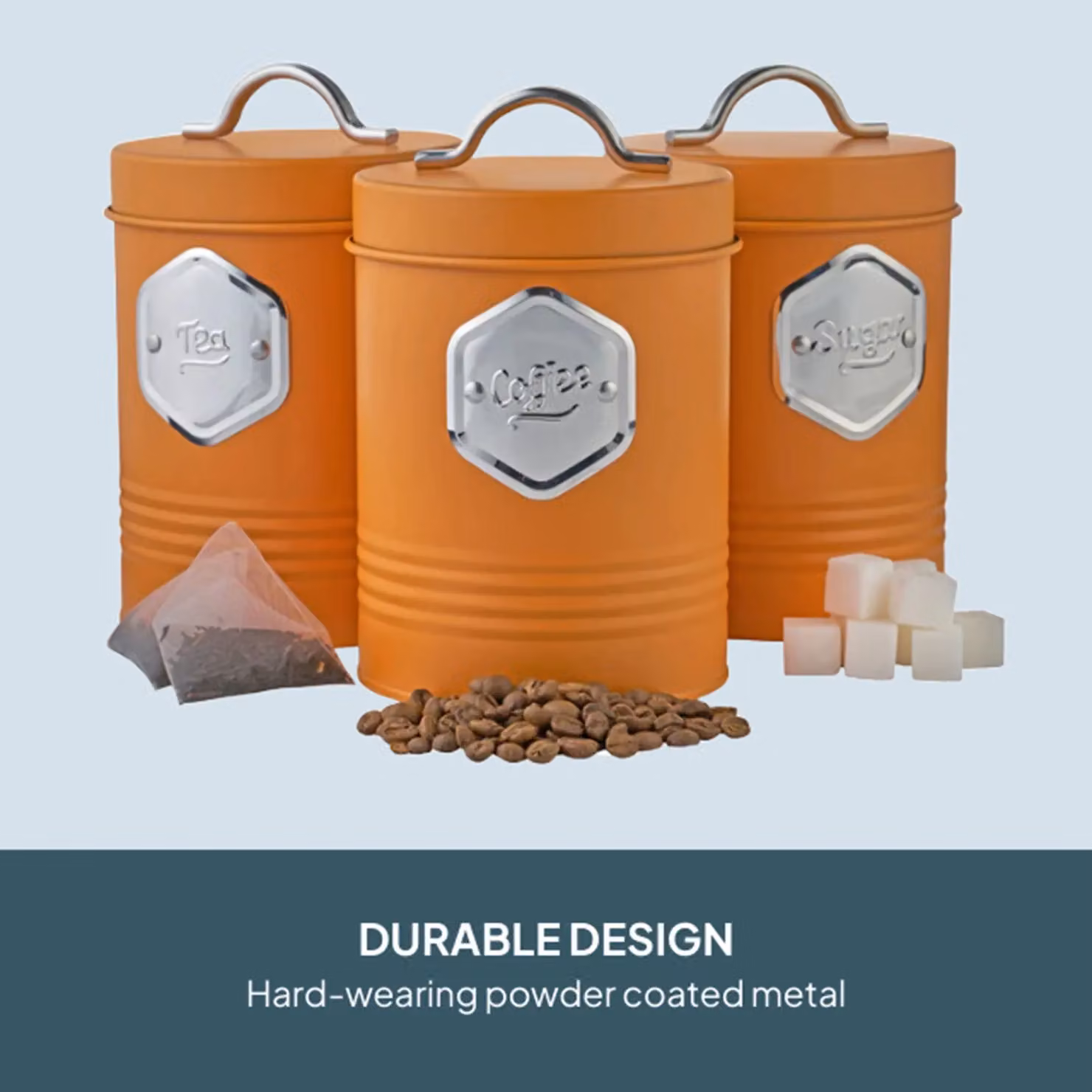 Cooks Professional 3-Piece Tea, Coffee and Sugar Canister Set in Orange with Silver Labels and Airtight Lids – 4