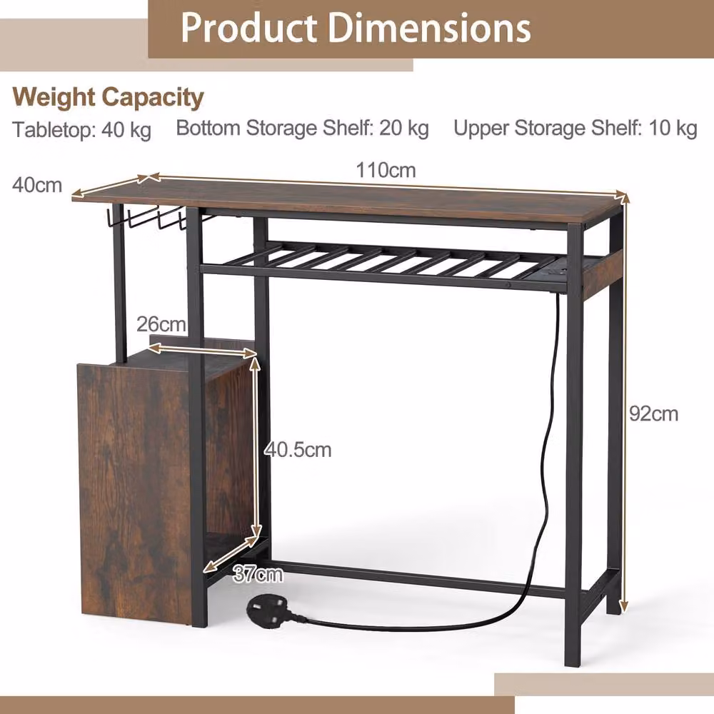 Costway Rectangular Industrial Bar Table in Brown with 8-Bottle Wine Rack and Stemware Racks – 2
