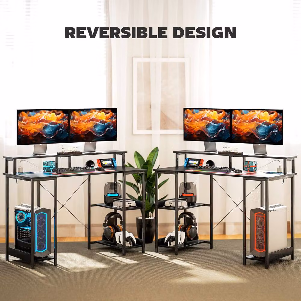 Rolipo Modern LED Computer Desk with Power Outlets and Shelves in Black – 7