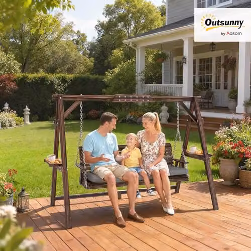 Outsunny 3 Seater Wooden Garden Swing Seat with Cushions and Side Trays in Grey or Brown – 2