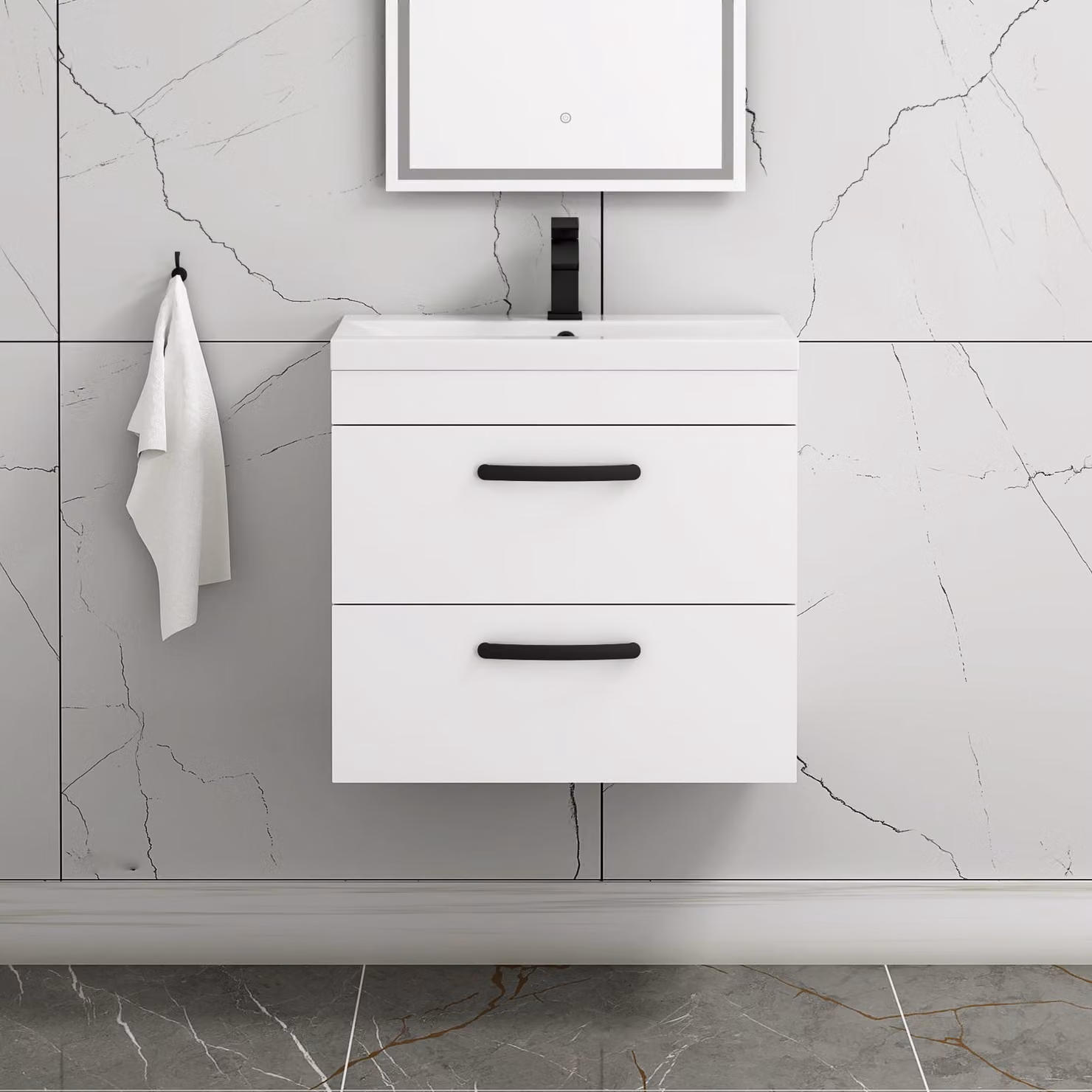 Royal Bathrooms Turin 600mm Wall Hung Vanity Unit in Gloss White with 2 Drawers and Matt Black Handles