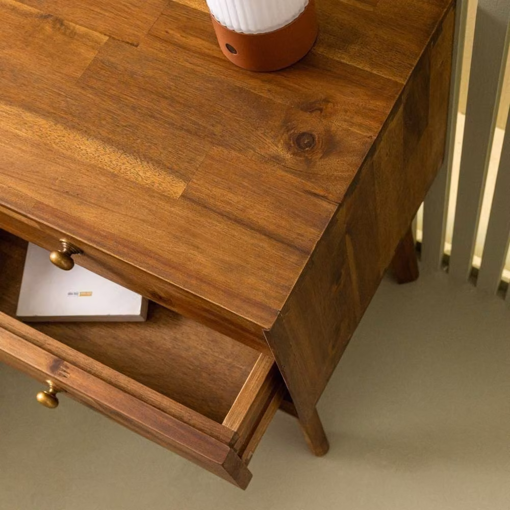 Signature PAUL 2-Drawer Bedside Table in Solid Acacia Wood, Dark Brown, W: 45 cm, H: 61 cm, D: 35 cm – 3