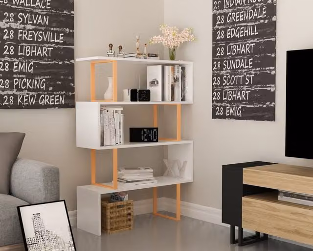 Decorotika Adria 4-Tier Industrial Geometric Bookshelf in White and Gold, W/D/H: 120 x 90 x 40 cm