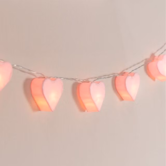 ValueLights Pink and White Paper Heart LED String Lights with Warm White Battery Operated Lights