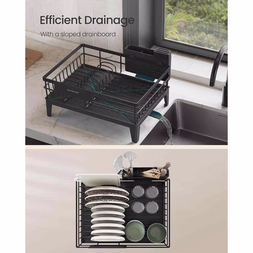 The Bazaarist Rotating Dish Drying Rack with Cutlery Holder and Drip Tray, Black – 6