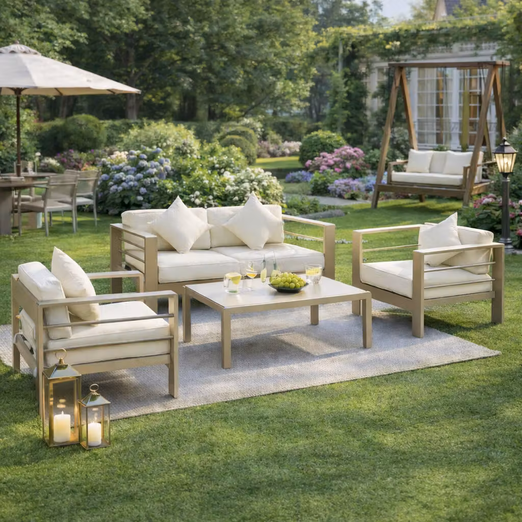 Outsunny 4 Piece Outdoor Garden Furniture Set with Powder Coated Gold Aluminium Frame and Brown Upholstered Cushions – 6