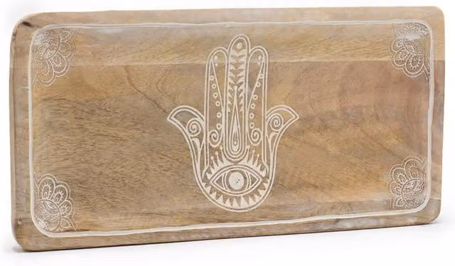 KDMD Hamsa Design Long Rectangular Wood Tray in Brown, W: 30 cm, D: 15 cm, H: 2.5 cm