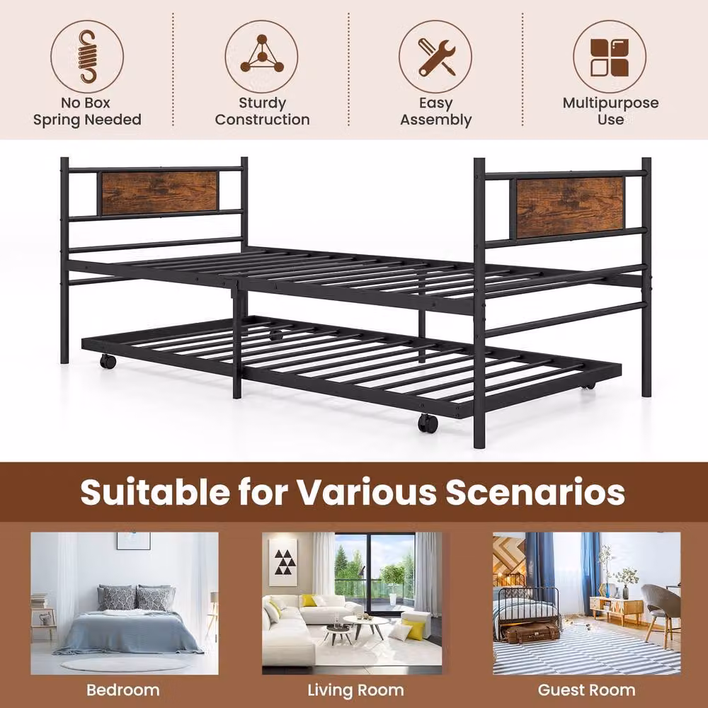 Gymax Metal Daybed with Pull-out Trundle and Headboard in Black, W/D/H: 90 x 200 cm – 4