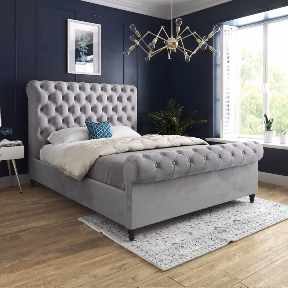 Casani Stopham Sleigh Upholstered Designer Bed Frame in Grey Soft Velvet, Size: Single (90 x 200 cm) – 2