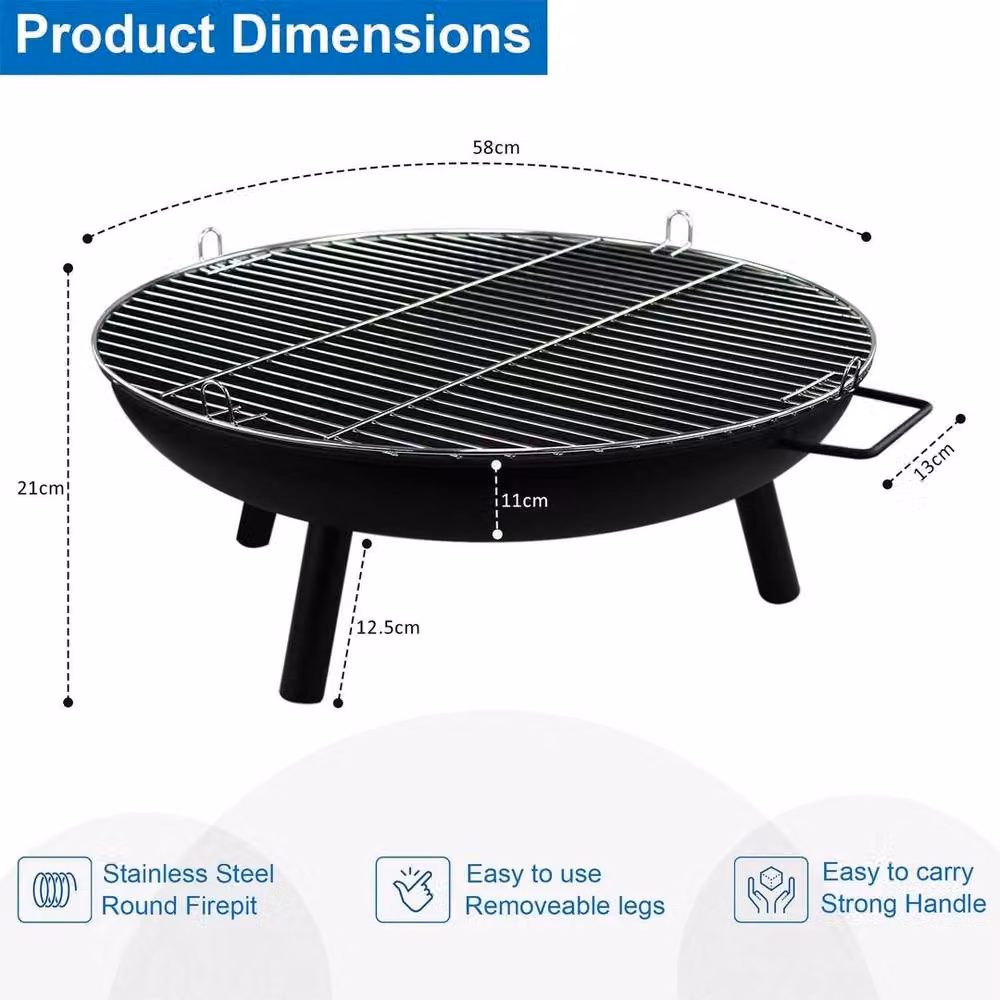 FLAVORA Black Steel Round Fire Pit and BBQ Grill Charcoal Fire Bowl W/D/H: 58.4 x 58.4 x 21.0 cm – 2