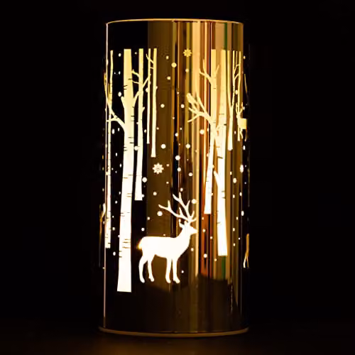 Shatchi Silver Christmas Deer Scene Etched Glass Cylinder Table Lamp, Height: 18 cm – 3