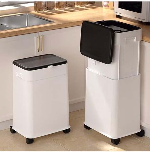Living and Home 20L Height Adjustable White Plastic Dustbin with Wheels and Flip Lid – 1