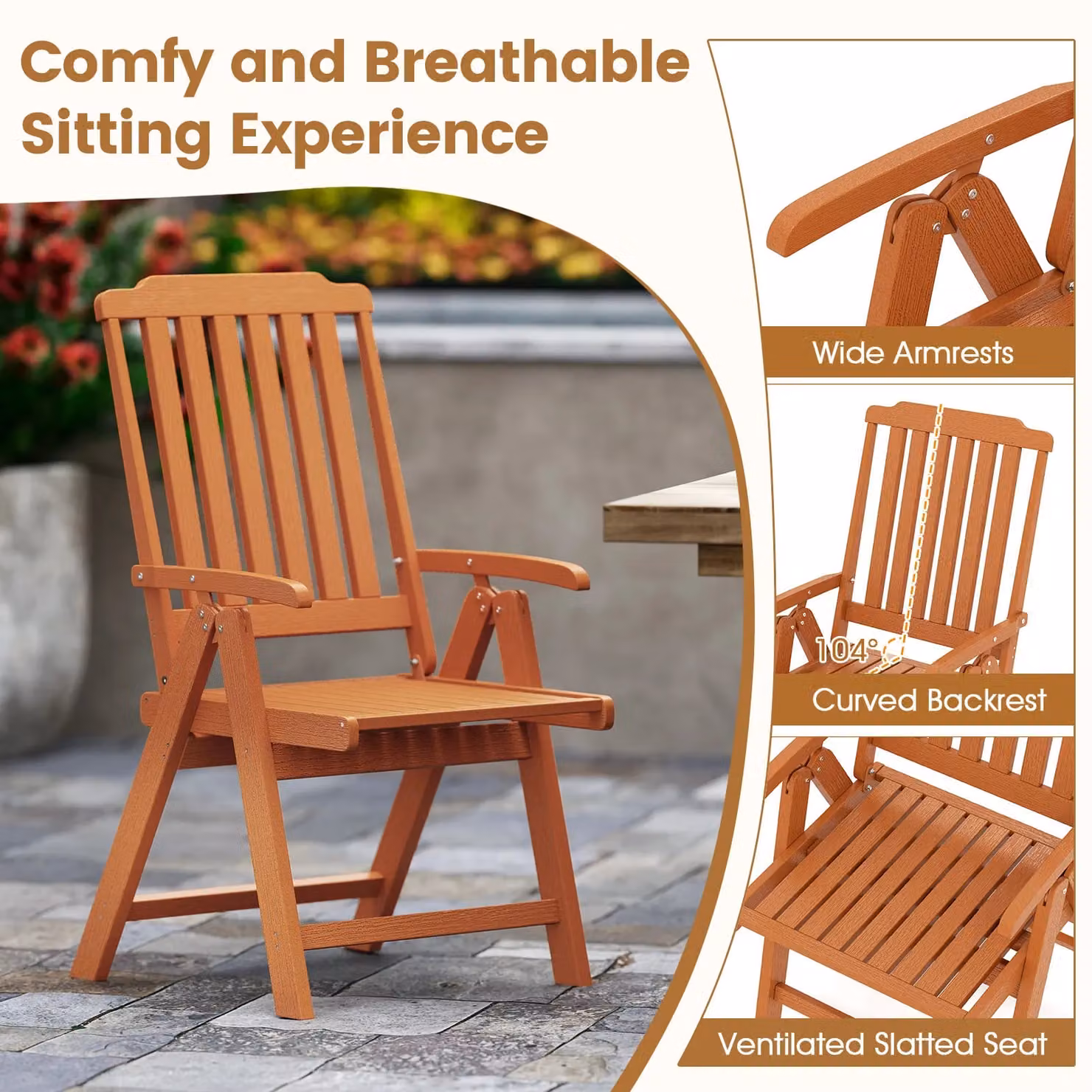 Gymax Brown Folding Patio Chair with Armrests, All-Weather HDPE Outdoor Dining Chair – 3