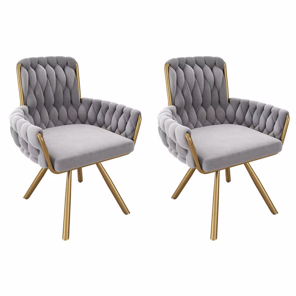 BTM Set of 2 Grey Velvet Swivel Armchairs with Metal Legs – 3