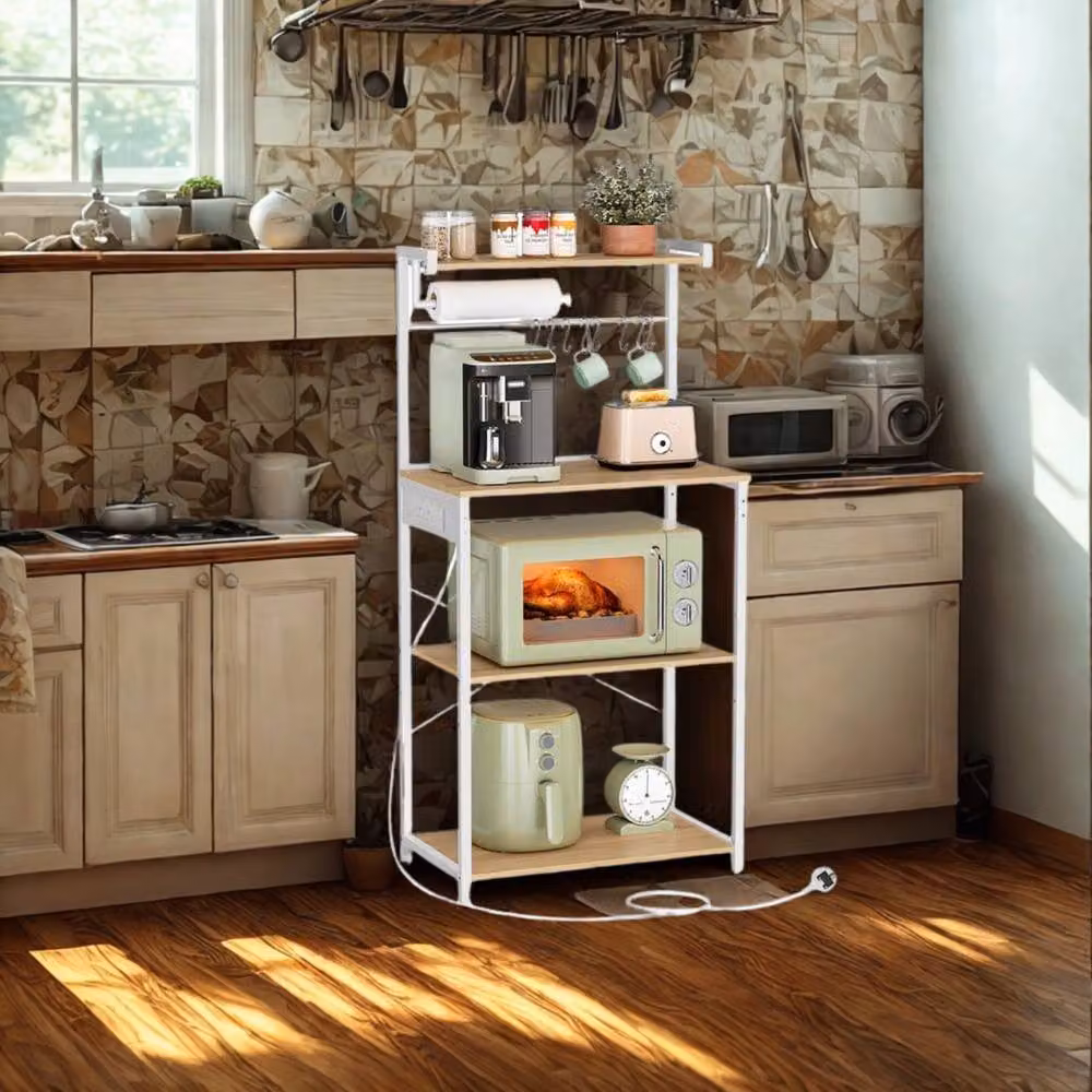 Pirlo Plush Industrial 4 Tier Smart Kitchen Bakers Rack with Power Outlets in Light Oak – 3
